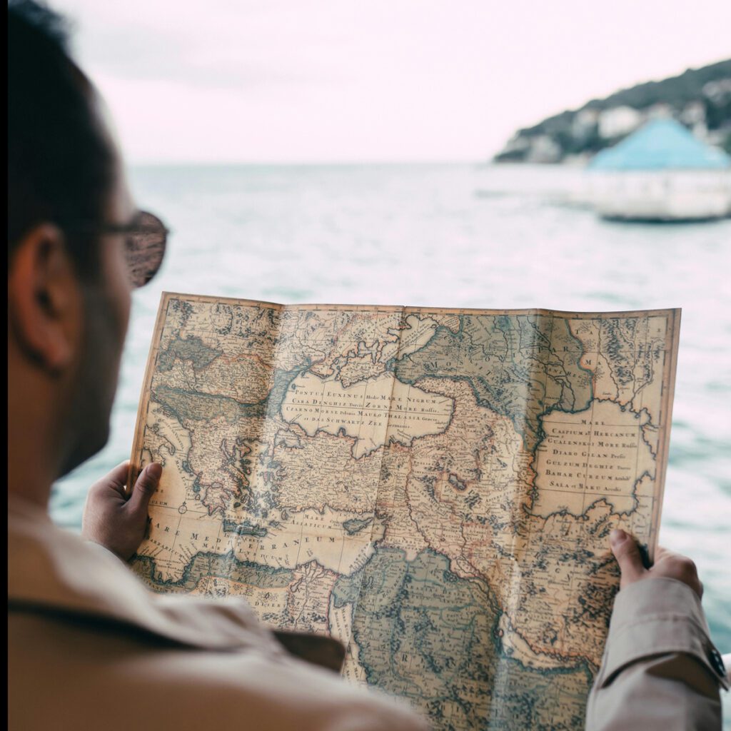 A traveler looking at a map