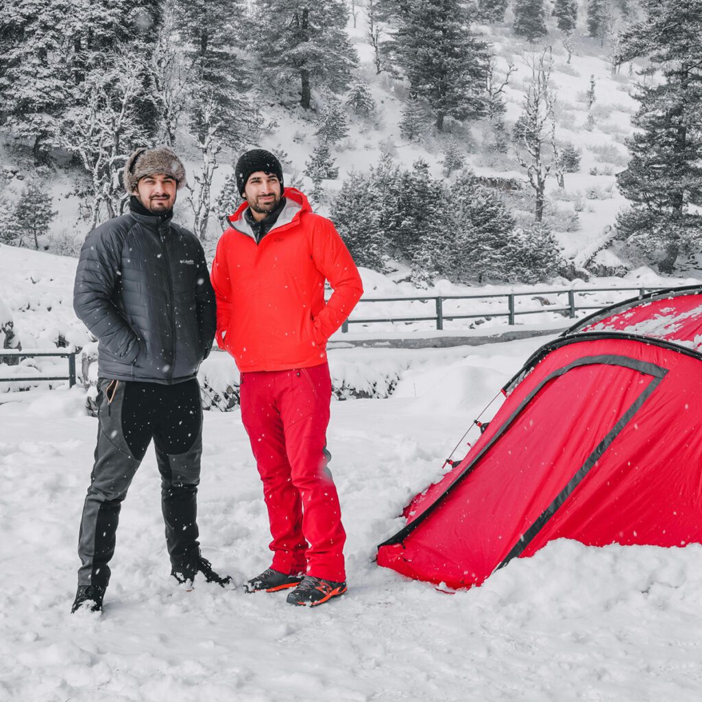 two men camping in winter -  camping clothes ideas