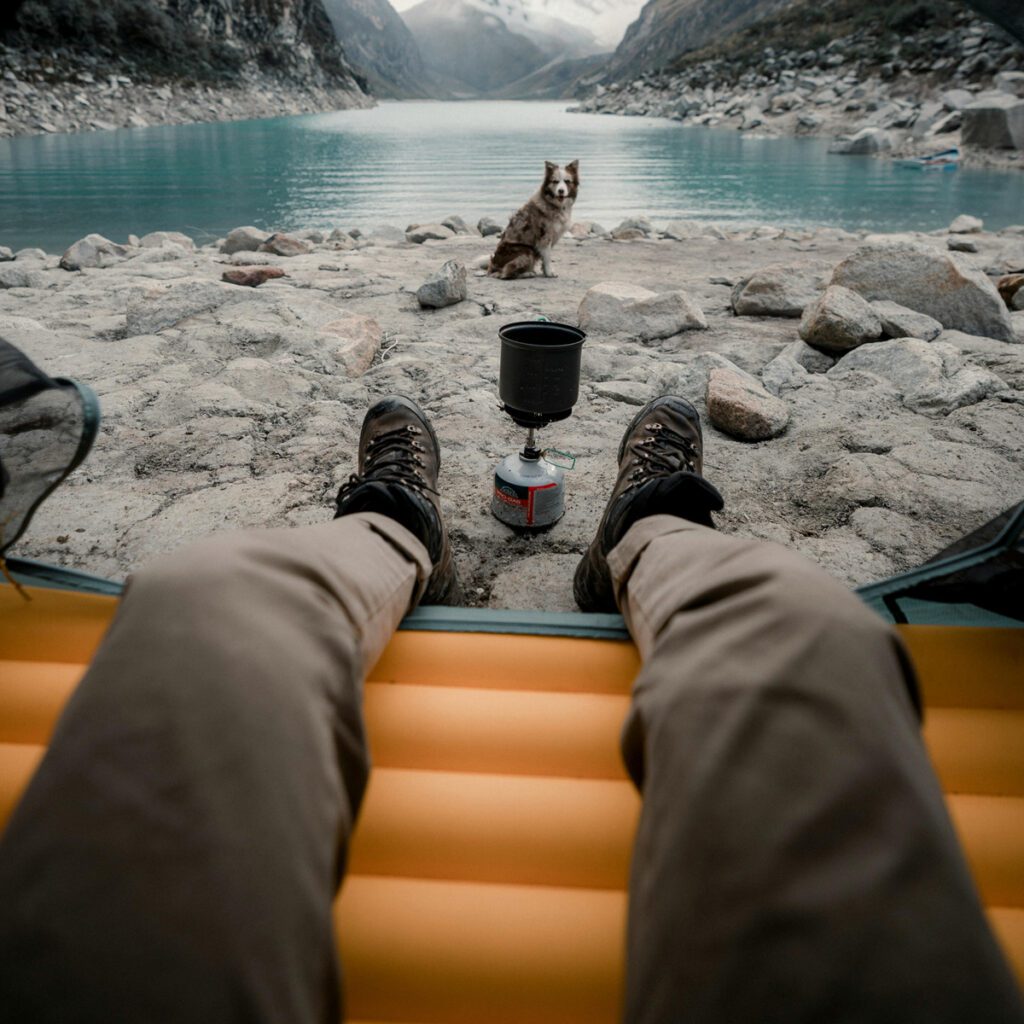 a person inside a tent lying on an air mattress