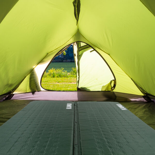 Connected connectable self inflating sleeping pad inside tent