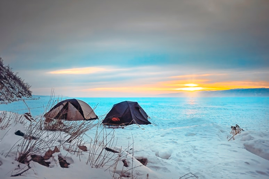 winter camping by the lake