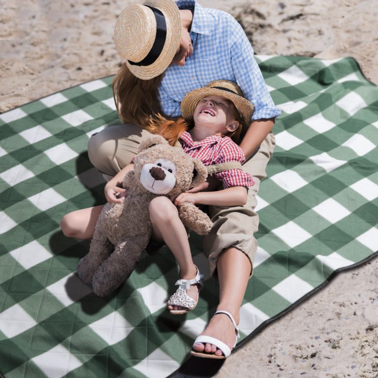 family picnic on beach with blanket