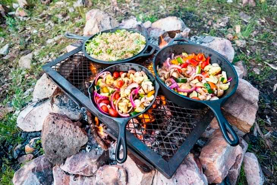 Camping food in pans