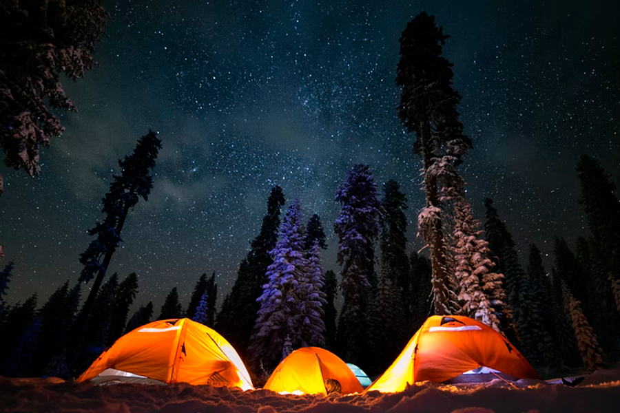 winter night camping