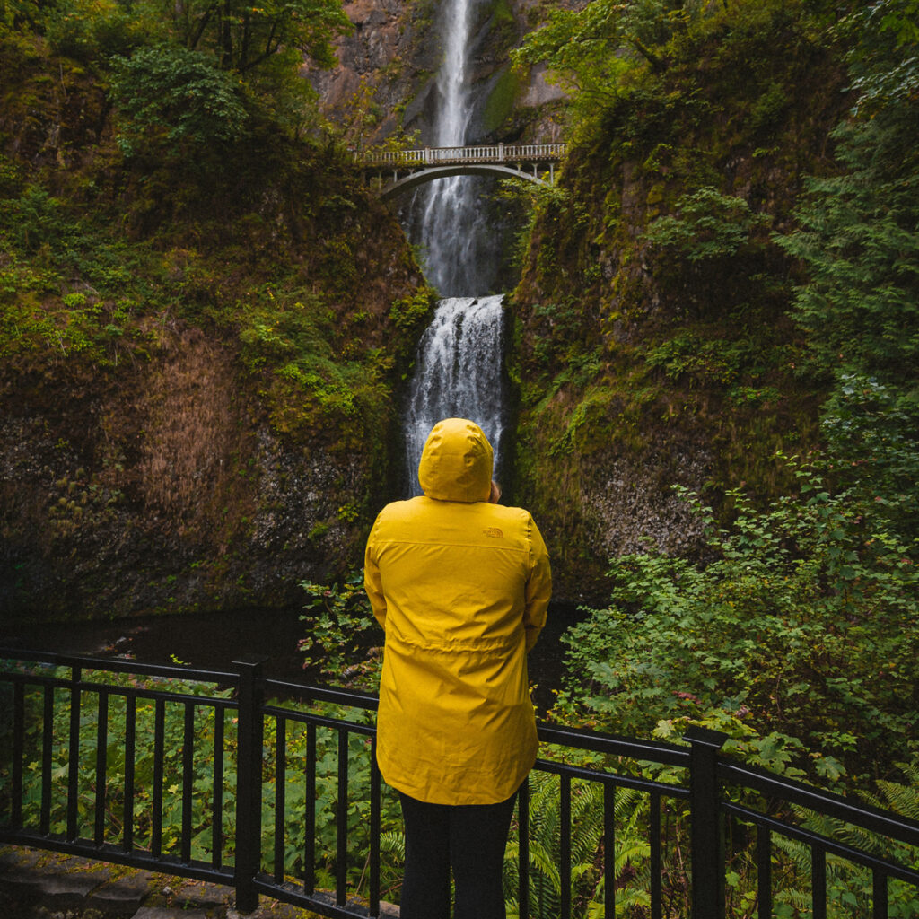 Enjoying a view of a waterfall after a downpour