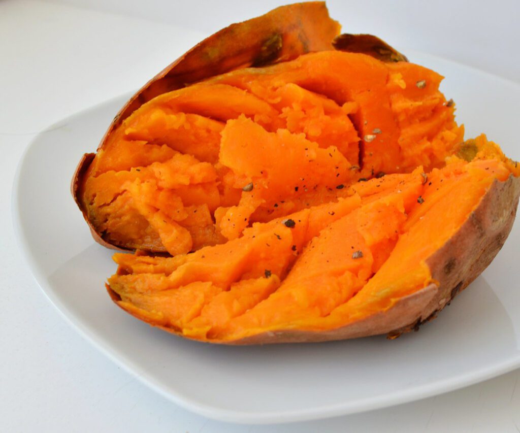 baked sweet potato opened halved